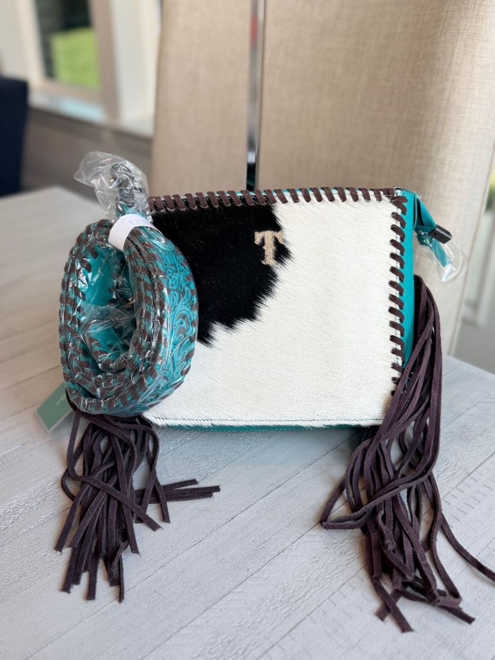 Trinity Ranch Cowhide Fringe Crossbody Bag - Turquoise